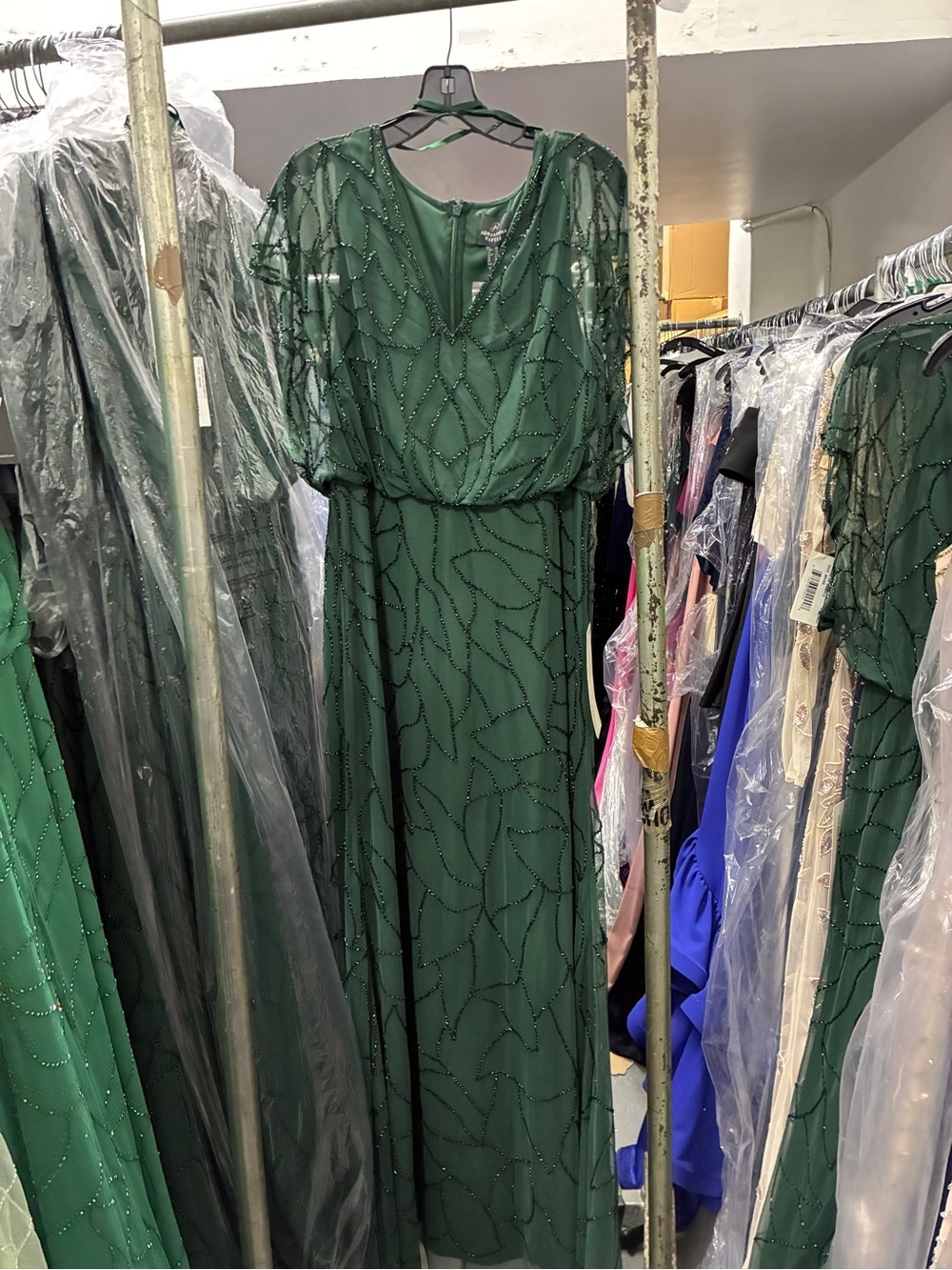 Adrianna Papell Dark Green Beaded Flutter Sleeve Gown NWT SZ 14 Formal MOB GALA - Picture 10 of 13